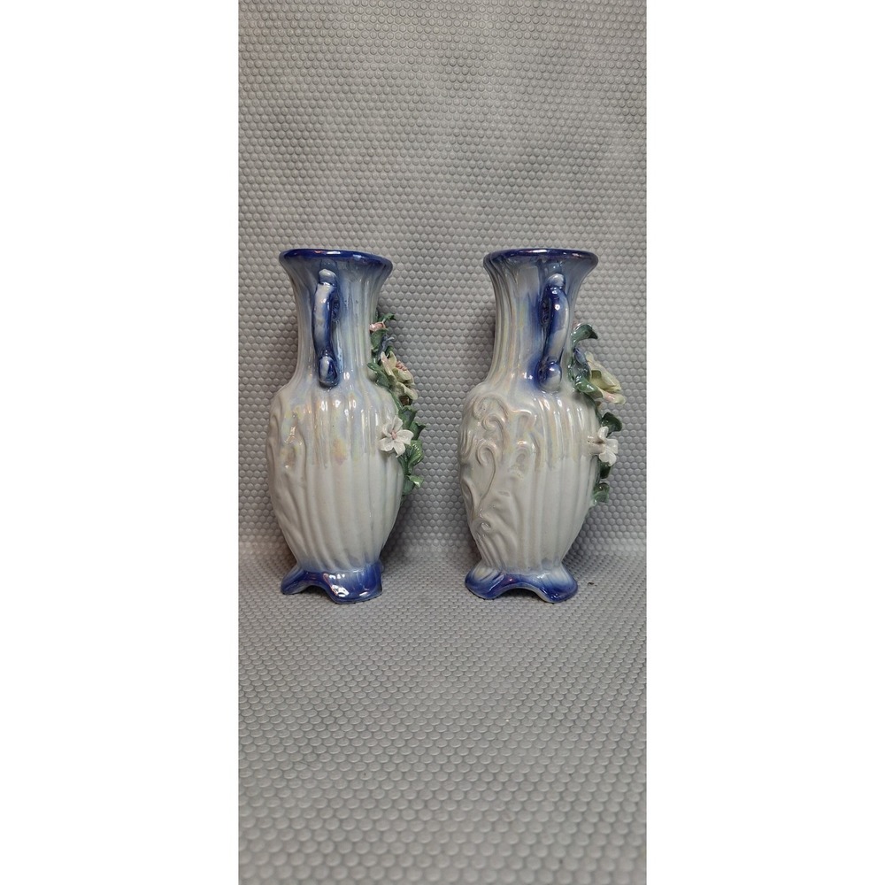Vintage Lefton Porcelain 2 Handled 3D Floral Vases ~ 7" x 3" Blue Glazed - Picture 4 of 7